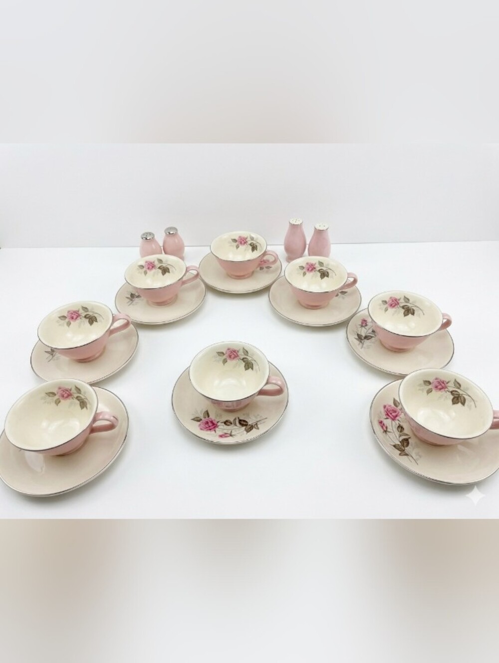 Vintage Pink Rose Floral Tea Cup and Saucer Set with Matching Salt & Pepper Shak